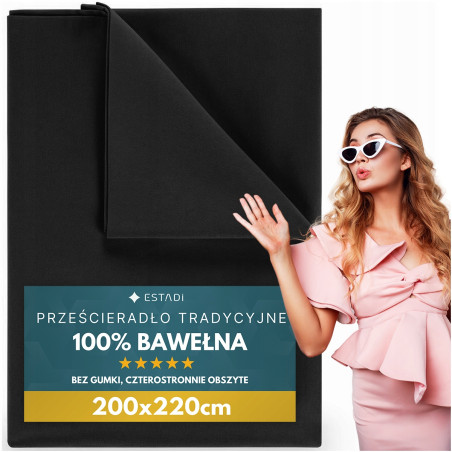 Prześcieradło bez Gumki Tradycyjne 200x220 cm - 100% Bawełna CZARNE CZARNY - 1