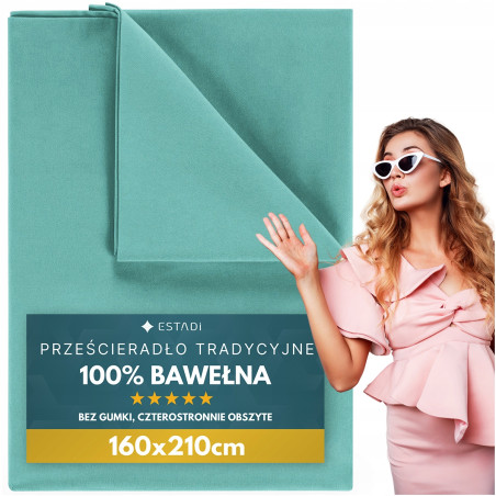 Prześcieradło bez Gumki Tradycyjne 160x210 cm - 100% Bawełna MIĘTOWE MIĘTA - 1