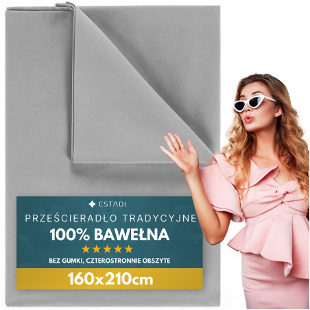 Prześcieradło bez Gumki Tradycyjne 160x210 cm - 100% Bawełna SZARY SREBRNY - 1