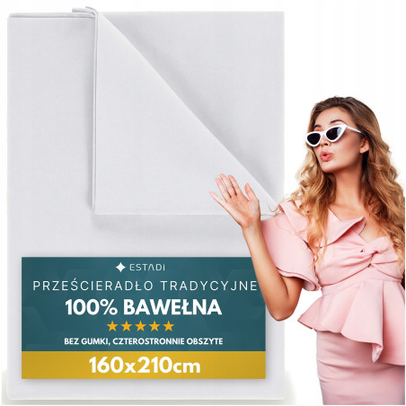Prześcieradło bez Gumki Tradycyjne 160x210 cm - 100% Bawełna Polskie Biały - 1