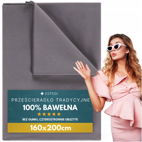 Prześcieradło bez Gumki Tradycyjne 160x200 cm Bawełniane Popielate - 1