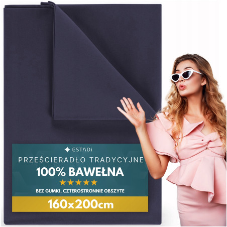 Prześcieradło bez Gumki Tradycyjne 160x200 cm Bawełniane Granatowe Granat - 1